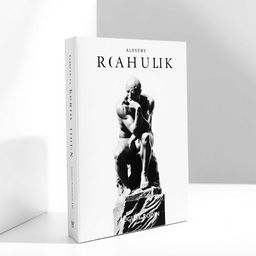 A minimalistic book cover design in black and white featuring a striking portrayal of 'The Thinker' statue by Auguste Rodin