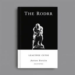 A minimalistic book cover design in black and white featuring a striking portrayal of 'The Thinker' statue by Auguste Rodin