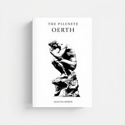 A minimalistic book cover design in black and white featuring a striking portrayal of 'The Thinker' statue by Auguste Rodin