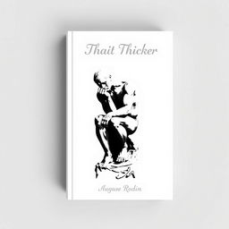 A minimalistic book cover design in black and white featuring a striking portrayal of 'The Thinker' statue by Auguste Rodin