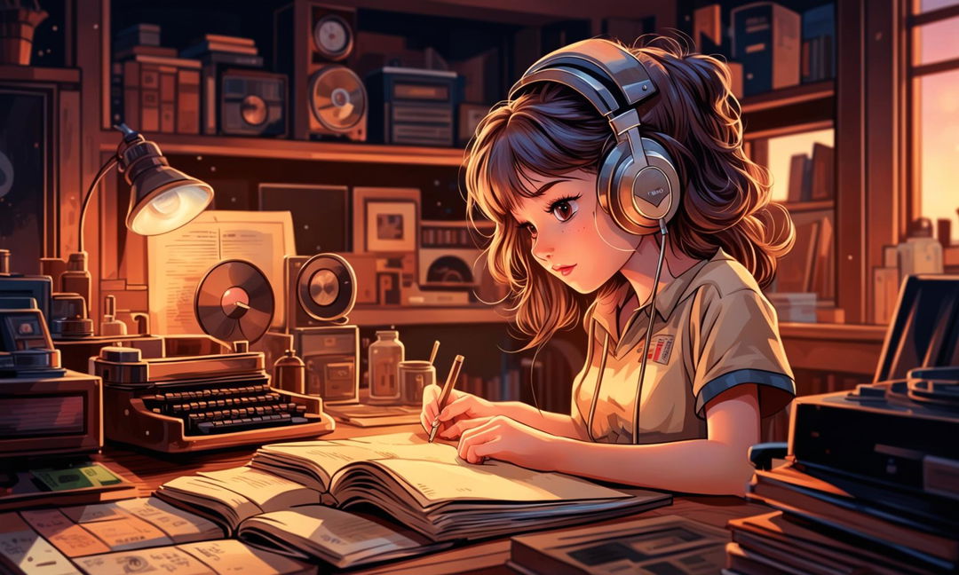 Digital art thumbnail featuring the lofi girl studying in a vintage retro setting.