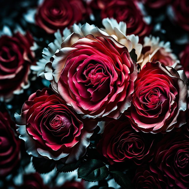 High-definition, ultra-close-up photograph of a Double Delight rose bouquet with perfect lighting composition and an editorial magazine vibe.