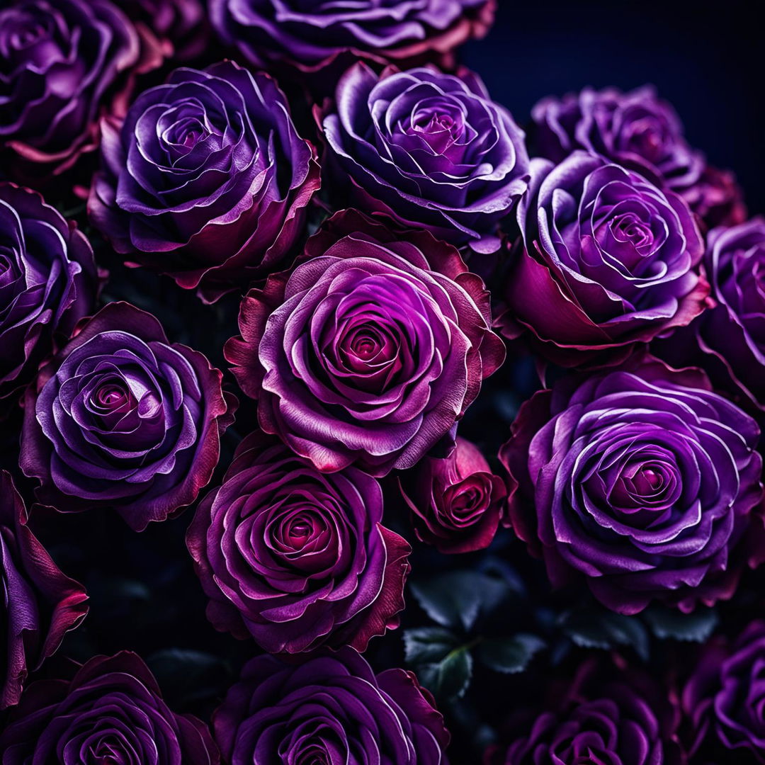 High-definition, ultra-close-up photograph of a bouquet of Double Delight roses, now in a stunning shade of purple, with perfect lighting composition and an editorial magazine vibe.