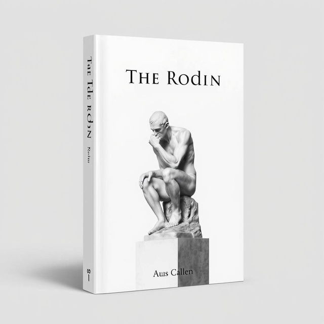 A minimalistic book cover design in black and white featuring the iconic 'The Thinker' statue by Auguste Rodin