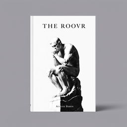 A minimalistic book cover design in black and white featuring the iconic 'The Thinker' statue by Auguste Rodin