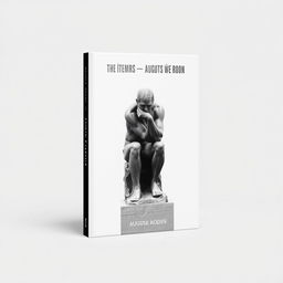 A minimalistic book cover design in black and white featuring the iconic 'The Thinker' statue by Auguste Rodin