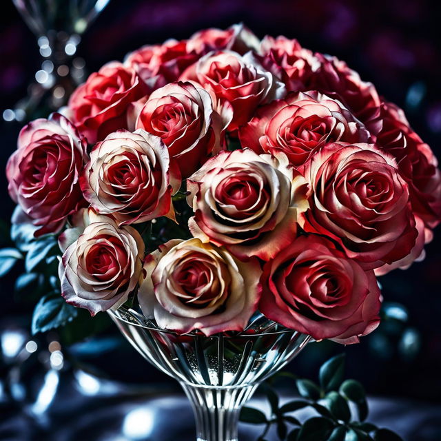 High-definition nature photograph featuring a close-up shot of a Double Delight rose bouquet in a crystal vase with perfect lighting composition and an editorial magazine vibe.