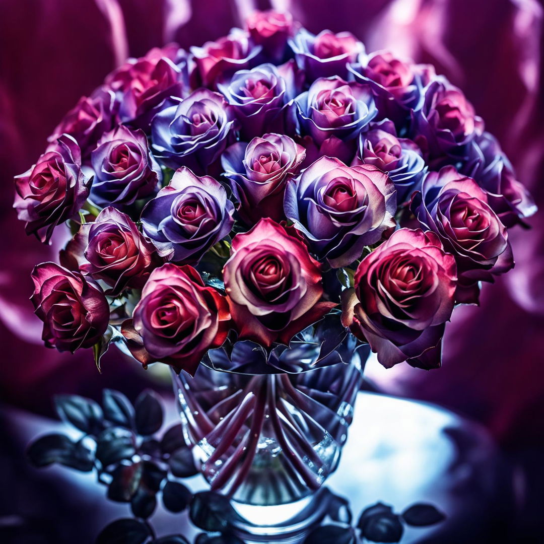 High-definition nature photograph featuring a close-up shot of a bouquet of purple roses with long stems in a crystal vase, under perfect lighting composition with an editorial magazine vibe.