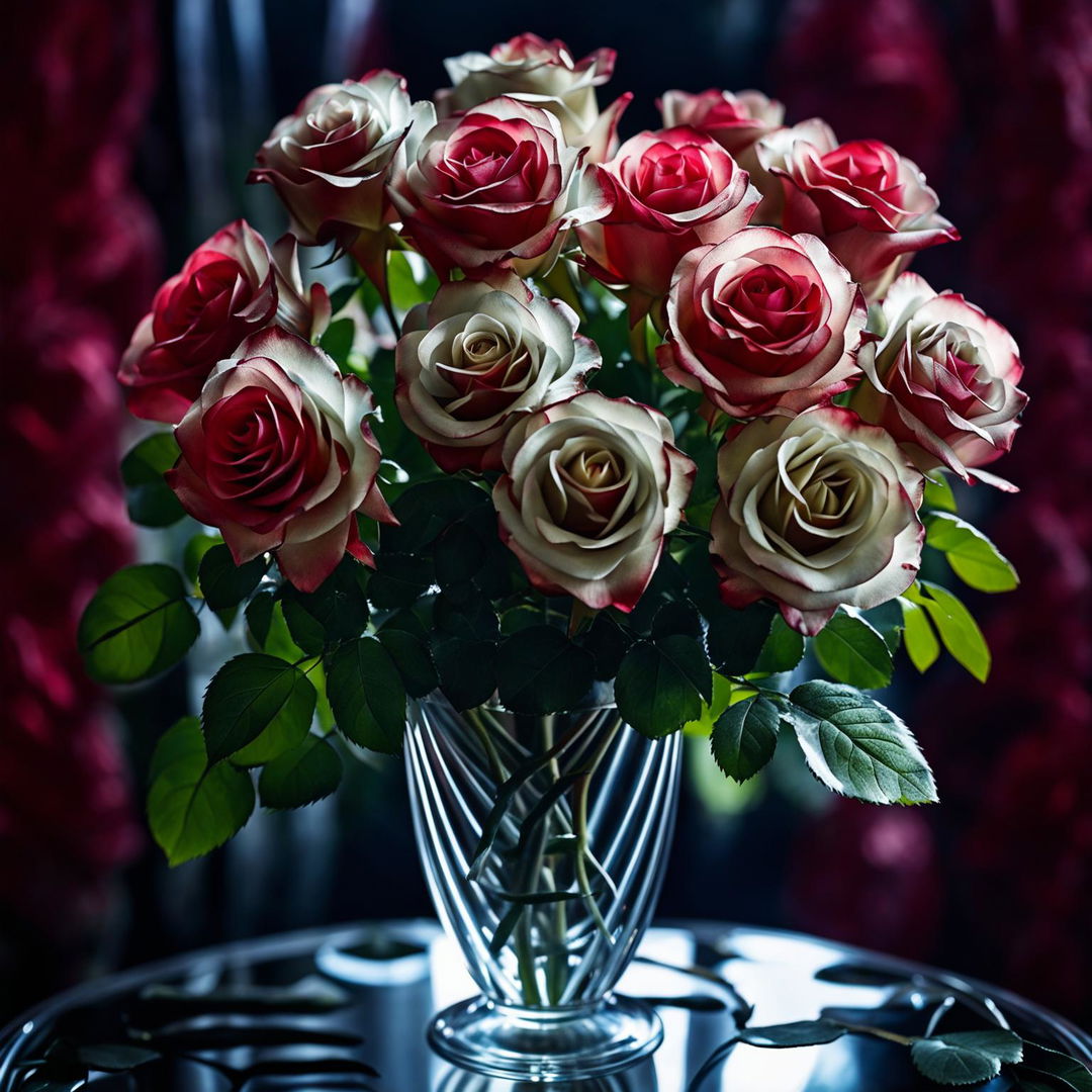 High-definition nature photograph of a bouquet of long-stemmed Double Delight roses in a crystal vase. Ultra-close shot with perfect lighting composition, giving off editorial magazine vibes.