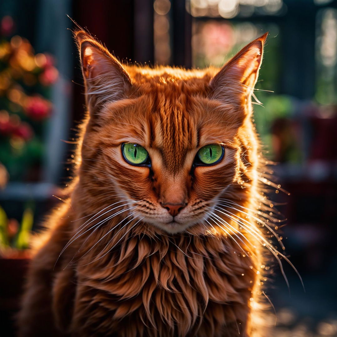 A full-body shot of a ginger cat, captured in stunning detail with a 25mm f/2.8 lens, set against a softly blurred background.