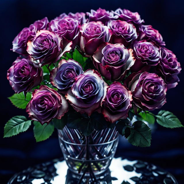 High-definition nature photograph of a bouquet of long-stemmed roses in a crystal vase, now in a captivating shade of purple. Ultra-close shot with perfect lighting composition, giving off editorial magazine vibes.