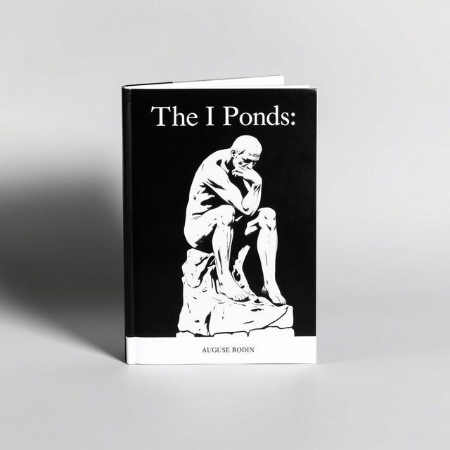 A minimal and small black and white book cover design featuring the iconic 'The Thinker' statue by Auguste Rodin