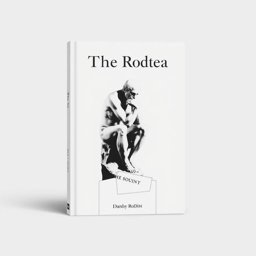 A minimal and small black and white book cover design featuring the iconic 'The Thinker' statue by Auguste Rodin