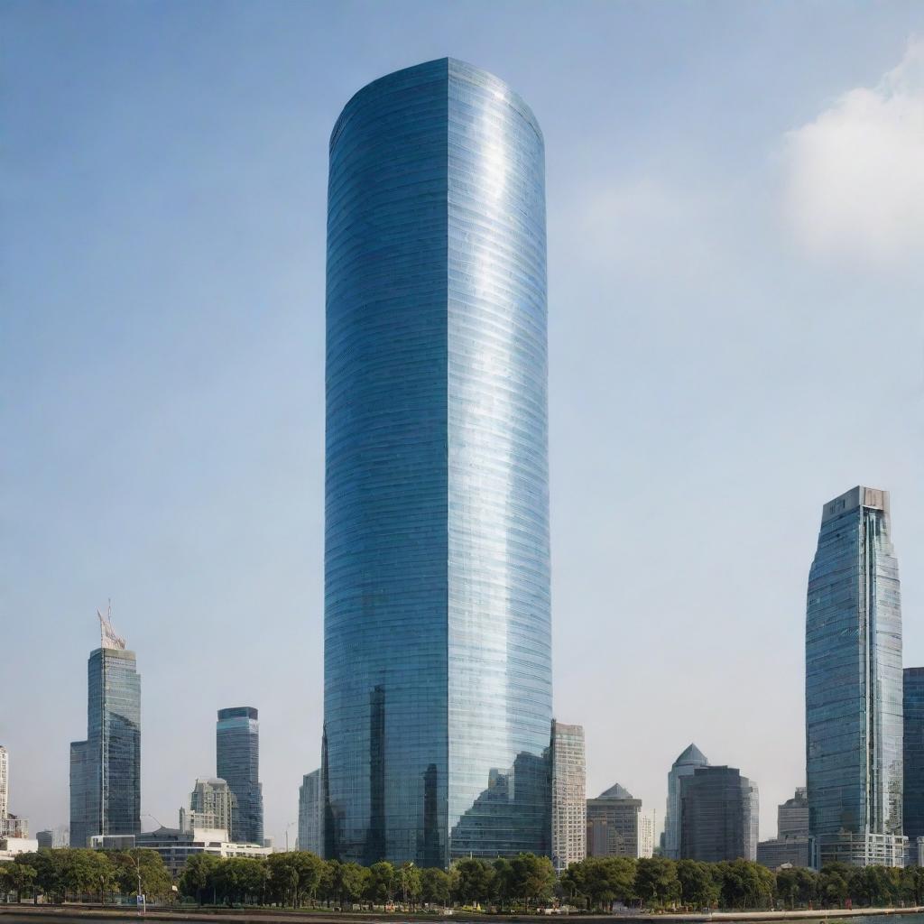 A modern skyscraper dominating the skyline with its unique round shape, complete with a sleek glass surface reflecting the cityscape and innovative eco-friendly elements seamlessly integrated into its design.