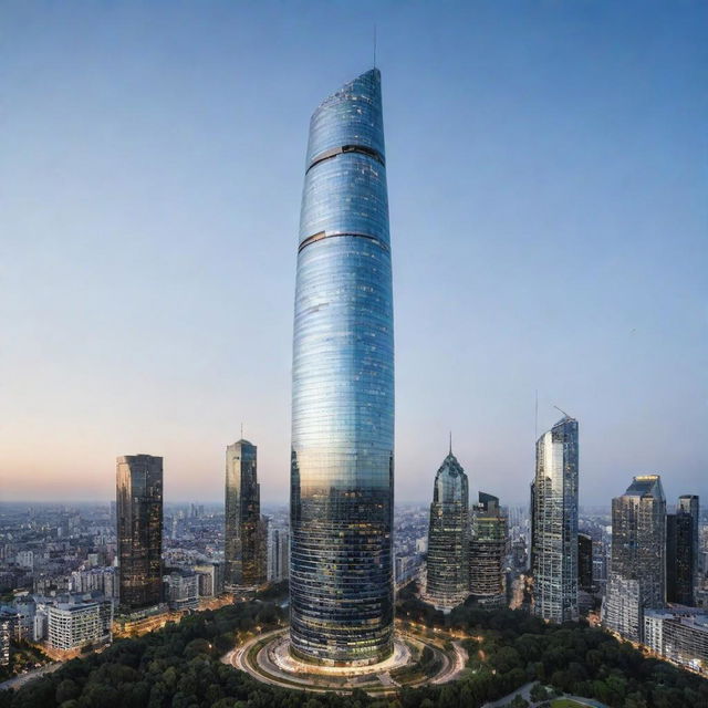 A modern skyscraper dominating the skyline with its unique round shape, complete with a sleek glass surface reflecting the cityscape and innovative eco-friendly elements seamlessly integrated into its design.