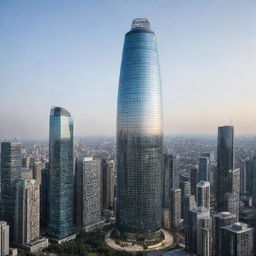 A modern skyscraper dominating the skyline with its unique round shape, complete with a sleek glass surface reflecting the cityscape and innovative eco-friendly elements seamlessly integrated into its design.