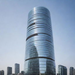 A modern skyscraper dominating the skyline with its unique round shape, complete with a sleek glass surface reflecting the cityscape and innovative eco-friendly elements seamlessly integrated into its design.