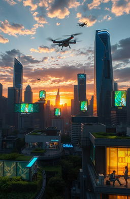 A futuristic city skyline showcasing advanced technology, with flying cars zipping through the air, holographic advertisements projected in bright colors, and people using augmented reality