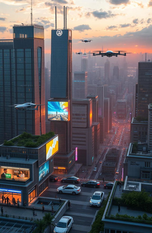 A futuristic city skyline showcasing advanced technology, with flying cars zipping through the air, holographic advertisements projected in bright colors, and people using augmented reality