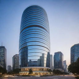 Visualize a modern skyscraper with an exceptional round shape, distinctively unique with its cutting-edge architecture. Its sleek glass structure reflects the surrounding cityscape, upholding an aura of futuristic elegance.