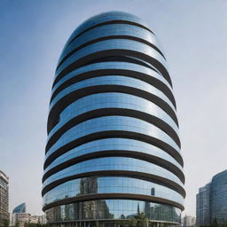 Visualize a modern skyscraper with an exceptional round shape, distinctively unique with its cutting-edge architecture. Its sleek glass structure reflects the surrounding cityscape, upholding an aura of futuristic elegance.