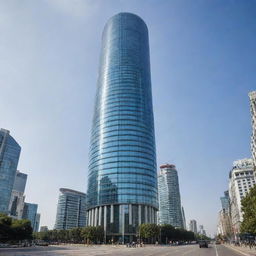 A modern skyscraper having a unique round shape, crowned with a towering pole, creating an innovative design. The structure's glass facade mirrors the city's dynamic life, while the towering pole adds to its commanding presence.