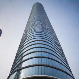 A modern skyscraper having a unique round shape, crowned with a towering pole, creating an innovative design. The structure's glass facade mirrors the city's dynamic life, while the towering pole adds to its commanding presence.