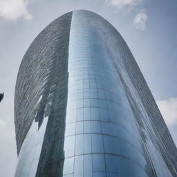 A modern skyscraper having a unique round shape, crowned with a towering pole, creating an innovative design. The structure's glass facade mirrors the city's dynamic life, while the towering pole adds to its commanding presence.