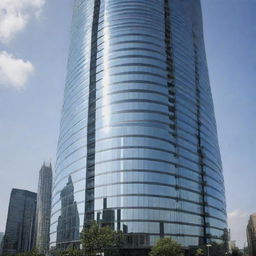 A modern skyscraper having a unique round shape, crowned with a towering pole, creating an innovative design. The structure's glass facade mirrors the city's dynamic life, while the towering pole adds to its commanding presence.