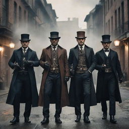 A group of formidable steampunk mafia members, donned in sophisticated Victorian attire, armed with cogged weapons and mechanical gadgets, emanating an aura of power and intimidation in a gritty industrial cityscape.