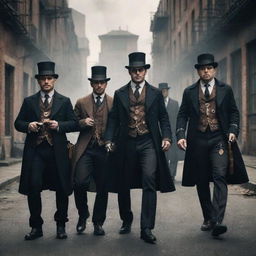 A group of formidable steampunk mafia members, donned in sophisticated Victorian attire, armed with cogged weapons and mechanical gadgets, emanating an aura of power and intimidation in a gritty industrial cityscape.