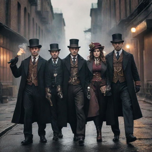 A group of formidable steampunk mafia members, donned in sophisticated Victorian attire, armed with cogged weapons and mechanical gadgets, emanating an aura of power and intimidation in a gritty industrial cityscape.