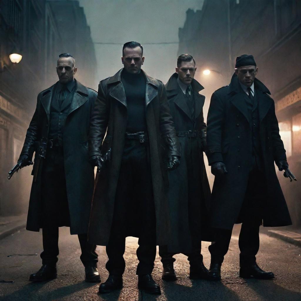 A cabal of imposing dieselpunk mafia figures, dressed in grimy, retro-futuristic outfits, their hands fixed on diesel-powered weaponry, casting long, ominous shadows under dim street lights in a gritty city environment.