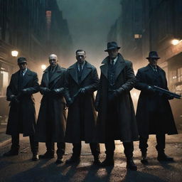 A cabal of imposing dieselpunk mafia figures, dressed in grimy, retro-futuristic outfits, their hands fixed on diesel-powered weaponry, casting long, ominous shadows under dim street lights in a gritty city environment.