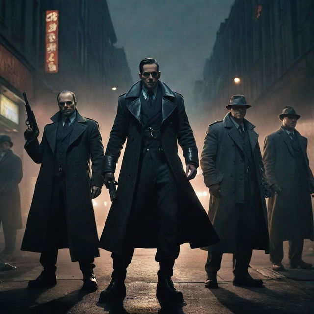 A cabal of imposing dieselpunk mafia figures, dressed in grimy, retro-futuristic outfits, their hands fixed on diesel-powered weaponry, casting long, ominous shadows under dim street lights in a gritty city environment.