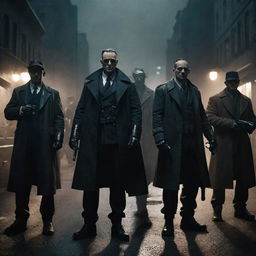 A cabal of imposing dieselpunk mafia figures, dressed in grimy, retro-futuristic outfits, their hands fixed on diesel-powered weaponry, casting long, ominous shadows under dim street lights in a gritty city environment.