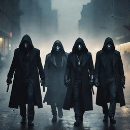 A menacing gaspunk mafia, cloaked in gas-masked attire, brandishing gas-powered weapons. Their ominous presence casting an air of mystery and fear in the mist-filled, gas-lit city streets.