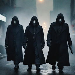 A menacing gaspunk mafia, cloaked in gas-masked attire, brandishing gas-powered weapons. Their ominous presence casting an air of mystery and fear in the mist-filled, gas-lit city streets.