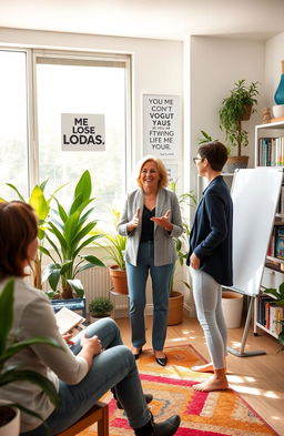 A confident life coach standing in a bright, uplifting office filled with motivational quotes and vibrant plants