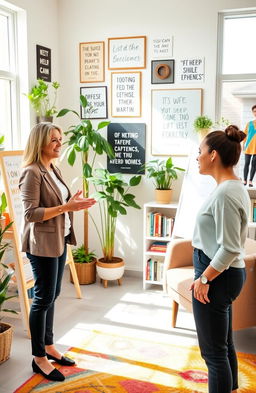 A confident life coach standing in a bright, uplifting office filled with motivational quotes and vibrant plants