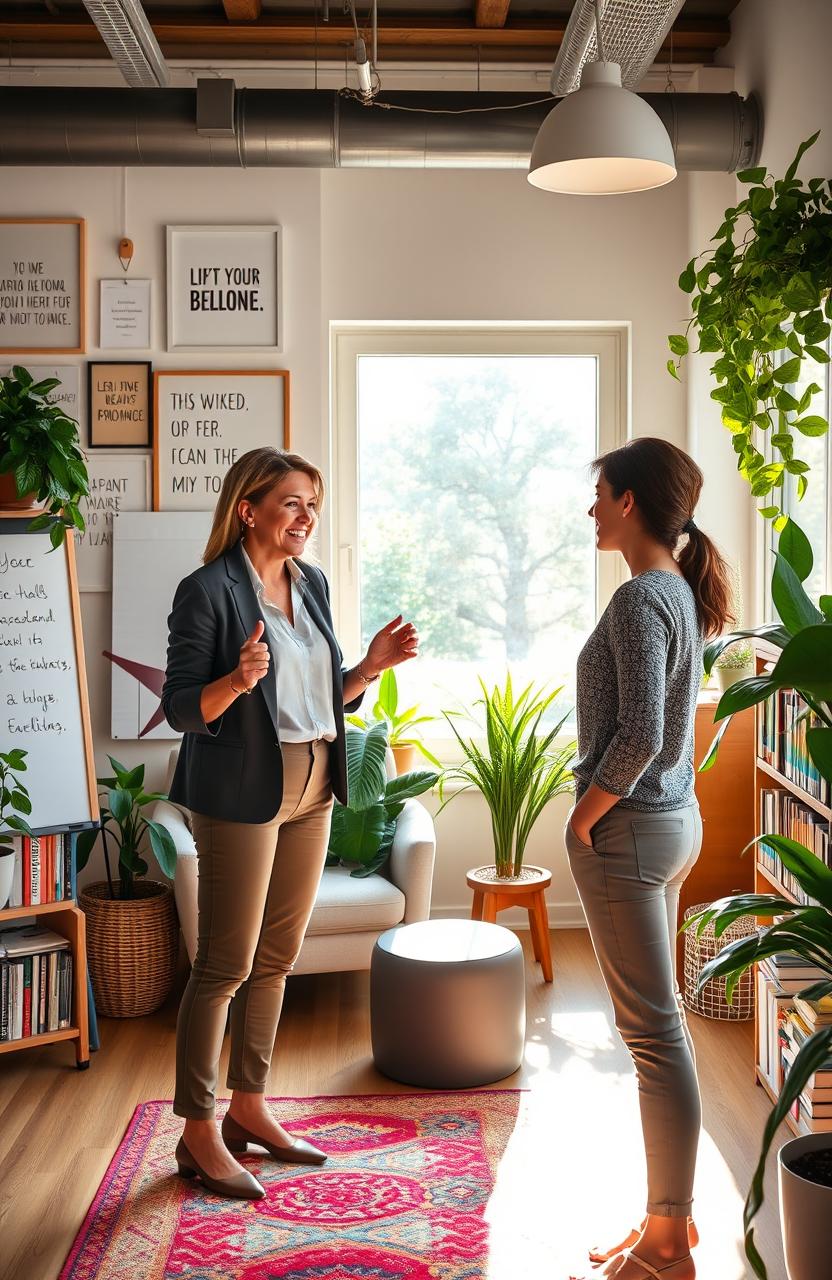 A confident life coach standing in a bright, uplifting office filled with motivational quotes and vibrant plants