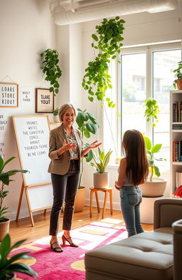 A confident life coach standing in a bright, uplifting office filled with motivational quotes and vibrant plants
