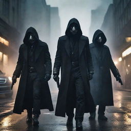 A menacing gaspunk mafia, cloaked in gas-masked attire, brandishing gas-powered weapons. Their ominous presence casting an air of mystery and fear in the mist-filled, gas-lit city streets.