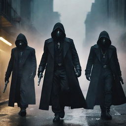 A menacing gaspunk mafia, cloaked in gas-masked attire, brandishing gas-powered weapons. Their ominous presence casting an air of mystery and fear in the mist-filled, gas-lit city streets.