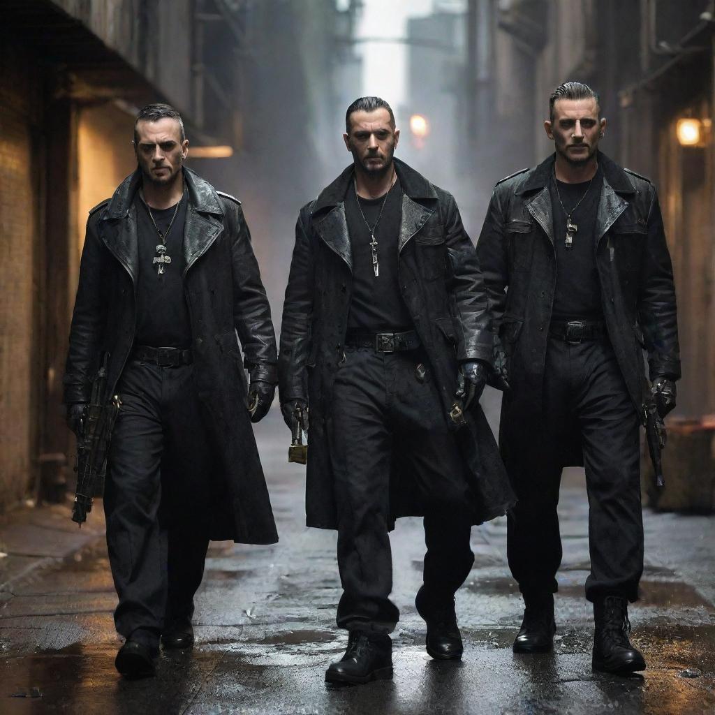 Imagine an oilpunk mafia squad clad in industrial, oil-stained attire, intimidating with their oil-fueled weaponry. Their formidable presence resonates through the grimy, lamp-lit alleyways of the dystopian city.