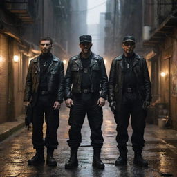 Imagine an oilpunk mafia squad clad in industrial, oil-stained attire, intimidating with their oil-fueled weaponry. Their formidable presence resonates through the grimy, lamp-lit alleyways of the dystopian city.