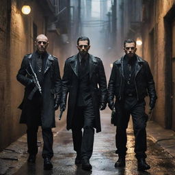 Imagine an oilpunk mafia squad clad in industrial, oil-stained attire, intimidating with their oil-fueled weaponry. Their formidable presence resonates through the grimy, lamp-lit alleyways of the dystopian city.