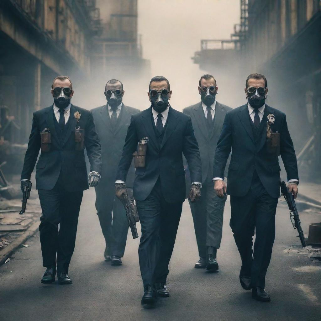 A gang of imposing factorypunk mafia members, dressed in smog-stained suits, carrying intricate mechanized weapons. Their formidable presence echoes against the clanging backdrop of the industrial city.