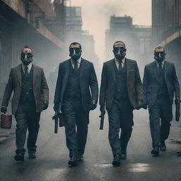 A gang of imposing factorypunk mafia members, dressed in smog-stained suits, carrying intricate mechanized weapons. Their formidable presence echoes against the clanging backdrop of the industrial city.