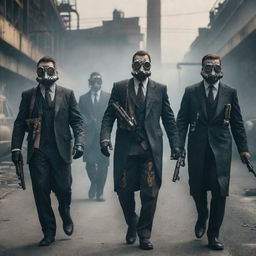 A gang of imposing factorypunk mafia members, dressed in smog-stained suits, carrying intricate mechanized weapons. Their formidable presence echoes against the clanging backdrop of the industrial city.